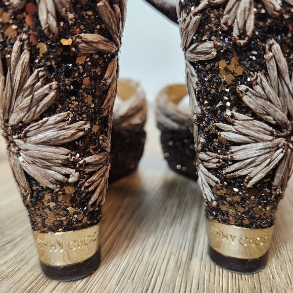 Jimmy Choo Perla Jute Glitter Wedge Sandal Light Mocha in Size 37(US 7) - Picture 8 of 16